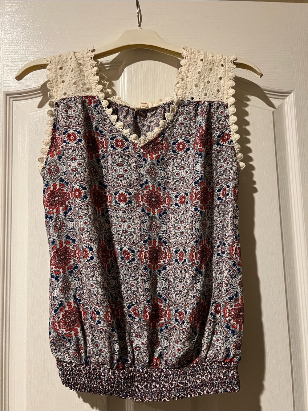 Solitaire Sleeveless Red and Blue Medallion Print Top with Crochet Trim